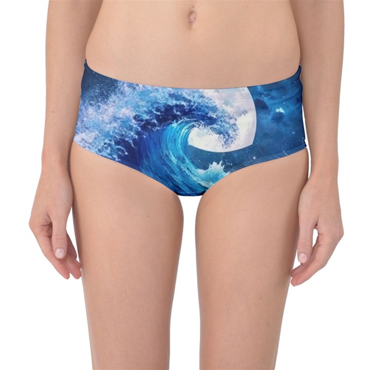 Tsunami Waves Ocean Sea Nautical Nature Water Moon Mid-Waist Bikini Bottoms