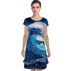 Tsunami Waves Ocean Sea Nautical Nature Water Moon Cap Sleeve Nightdress by Jancukart