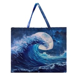 Tsunami Waves Ocean Sea Nautical Nature Water Moon Zipper Large Tote Bag