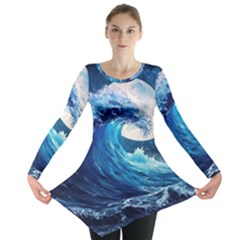 Tsunami Waves Ocean Sea Nautical Nature Water Moon Long Sleeve Tunic  by Jancukart