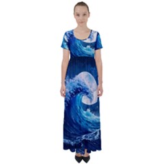 Tsunami Waves Ocean Sea Nautical Nature Water Moon High Waist Short Sleeve Maxi Dress by Jancukart