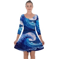 Tsunami Waves Ocean Sea Nautical Nature Water Moon Quarter Sleeve Skater Dress