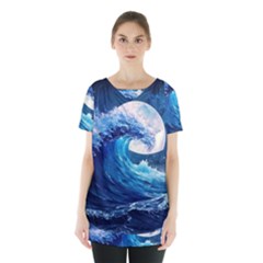 Tsunami Waves Ocean Sea Nautical Nature Water Moon Skirt Hem Sports Top by Jancukart