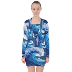 Tsunami Waves Ocean Sea Nautical Nature Water Moon V-neck Bodycon Long Sleeve Dress