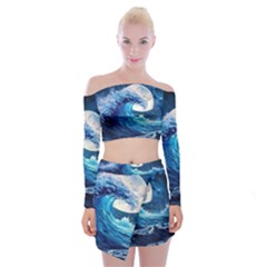 Tsunami Waves Ocean Sea Nautical Nature Water Moon Off Shoulder Top With Mini Skirt Set by Jancukart