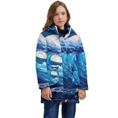 Tsunami Waves Ocean Sea Nautical Nature Water Moon Kid s Hooded Longline Puffer Jacket by Jancukart