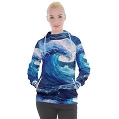 Tsunami Waves Ocean Sea Nautical Nature Water Moon Women s Hooded Pullover by Jancukart