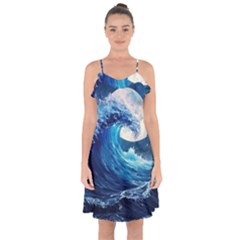 Tsunami Waves Ocean Sea Nautical Nature Water Moon Ruffle Detail Chiffon Dress