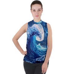 Tsunami Waves Ocean Sea Nautical Nature Water Moon Mock Neck Chiffon Sleeveless Top by Jancukart