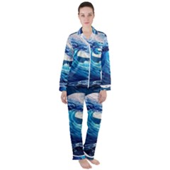 Tsunami Waves Ocean Sea Nautical Nature Water Moon Women s Long Sleeve Satin Pajamas Set	 by Jancukart