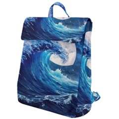 Tsunami Waves Ocean Sea Nautical Nature Water Moon Flap Top Backpack by Jancukart