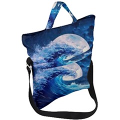 Tsunami Waves Ocean Sea Nautical Nature Water Moon Fold Over Handle Tote Bag by Jancukart