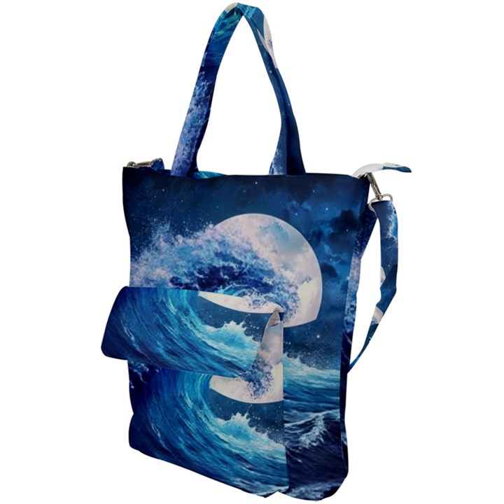 Tsunami Waves Ocean Sea Nautical Nature Water Moon Shoulder Tote Bag