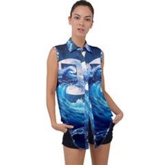 Tsunami Waves Ocean Sea Nautical Nature Water Moon Sleeveless Chiffon Button Shirt