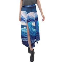 Tsunami Waves Ocean Sea Nautical Nature Water Moon Velour Split Maxi Skirt by Jancukart