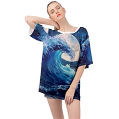 Tsunami Waves Ocean Sea Nautical Nature Water Moon Oversized Chiffon Top by Jancukart