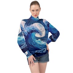 Tsunami Waves Ocean Sea Nautical Nature Water Moon High Neck Long Sleeve Chiffon Top by Jancukart