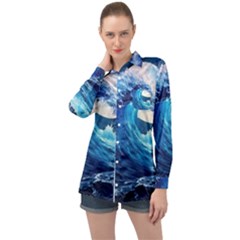 Tsunami Waves Ocean Sea Nautical Nature Water Moon Long Sleeve Satin Shirt