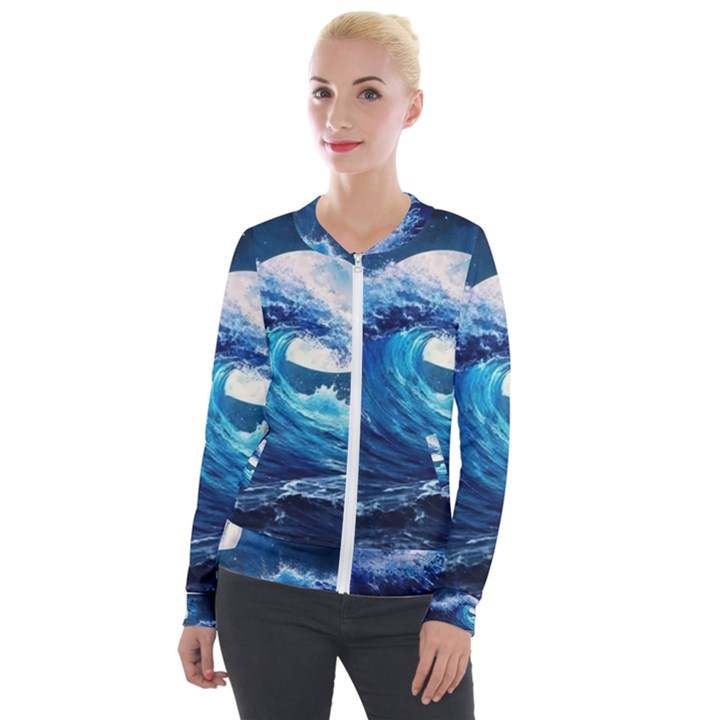 Tsunami Waves Ocean Sea Nautical Nature Water Moon Velvet Zip Up Jacket