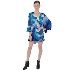 Tsunami Waves Ocean Sea Nautical Nature Water Moon V-neck Flare Sleeve Mini Dress by Jancukart