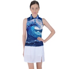 Tsunami Waves Ocean Sea Nautical Nature Water Moon Women s Sleeveless Polo Tee by Jancukart