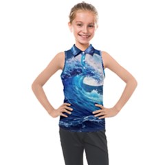 Tsunami Waves Ocean Sea Nautical Nature Water Moon Kids  Sleeveless Polo Tee