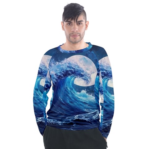 Tsunami Waves Ocean Sea Nautical Nature Water Moon Men s Long Sleeve Raglan Tee by Jancukart