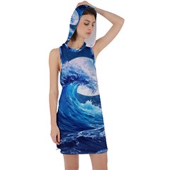 Tsunami Waves Ocean Sea Nautical Nature Water Moon Racer Back Hoodie Dress by Jancukart