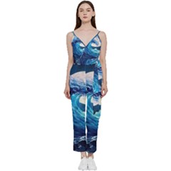 Tsunami Waves Ocean Sea Nautical Nature Water Moon V-neck Spaghetti Strap Tie Front Jumpsuit by Jancukart