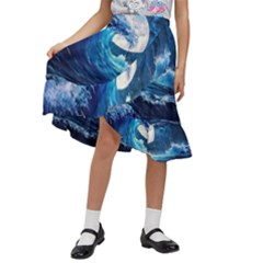 Tsunami Waves Ocean Sea Nautical Nature Water Moon Kids  Ruffle Flared Wrap Midi Skirt by Jancukart