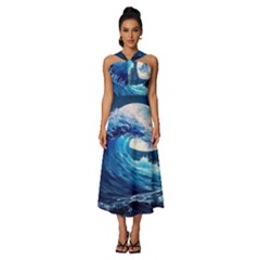 Tsunami Waves Ocean Sea Nautical Nature Water Moon Sleeveless Cross Front Cocktail Midi Chiffon Dress