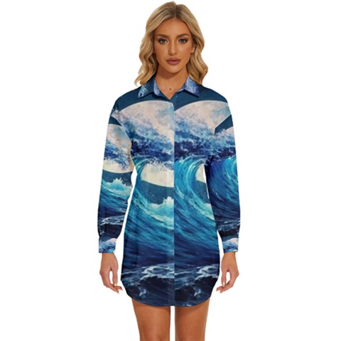 Tsunami Waves Ocean Sea Nautical Nature Water Moon Womens Long Sleeve Shirt Dress by Jancukart