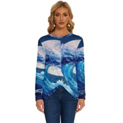 Tsunami Waves Ocean Sea Nautical Nature Water Moon Long Sleeve Crew Neck Pullover Top by Jancukart