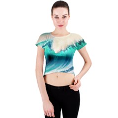 Tsunami Waves Ocean Sea Nautical Nature Water Art Ai Generated Crew Neck Crop Top