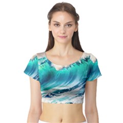 Tsunami Waves Ocean Sea Nautical Nature Water Art Ai Generated Short Sleeve Crop Top by Jancukart