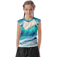 Tsunami Waves Ocean Sea Nautical Nature Water Art Ai Generated Kids  Raglan Cap Sleeve Tee by Jancukart