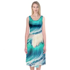 Tsunami Waves Ocean Sea Nautical Nature Water Art Ai Generated Midi Sleeveless Dress by Jancukart