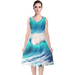 Tsunami Waves Ocean Sea Nautical Nature Water Art Ai Generated V-neck Midi Sleeveless Dress 