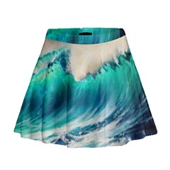 Tsunami Waves Ocean Sea Nautical Nature Water Art Ai Generated Mini Flare Skirt by Jancukart