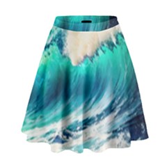 Tsunami Waves Ocean Sea Nautical Nature Water Art Ai Generated High Waist Skirt by Jancukart