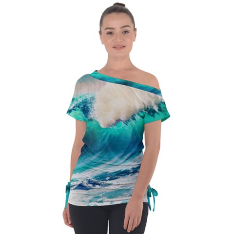 Tsunami Waves Ocean Sea Nautical Nature Water Art Ai Generated Off Shoulder Tie-up Tee by Jancukart