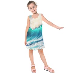 Tsunami Waves Ocean Sea Nautical Nature Water Art Ai Generated Kids  Sleeveless Dress by Jancukart