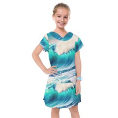 Tsunami Waves Ocean Sea Nautical Nature Water Art Ai Generated Kids  Drop Waist Dress by Jancukart