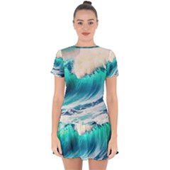 Tsunami Waves Ocean Sea Nautical Nature Water Art Ai Generated Drop Hem Mini Chiffon Dress by Jancukart