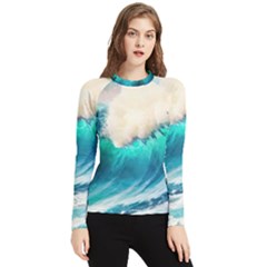 Tsunami Waves Ocean Sea Nautical Nature Water Art Ai Generated Women s Long Sleeve Rash Guard