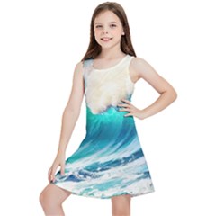 Tsunami Waves Ocean Sea Nautical Nature Water Art Ai Generated Kids  Lightweight Sleeveless Dress by Jancukart