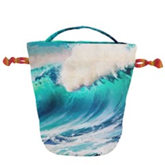 Tsunami Waves Ocean Sea Nautical Nature Water Art Ai Generated Drawstring Bucket Bag by Jancukart