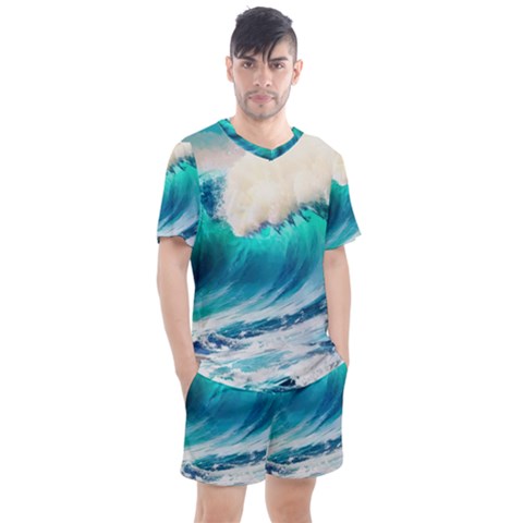 Tsunami Waves Ocean Sea Nautical Nature Water Art Ai Generated Men s Mesh Tee And Shorts Set by Jancukart