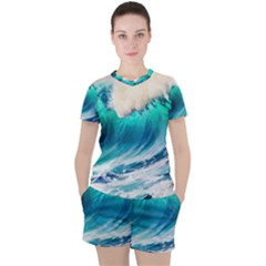 Tsunami Waves Ocean Sea Nautical Nature Water Art Ai Generated Women s Tee And Shorts Set