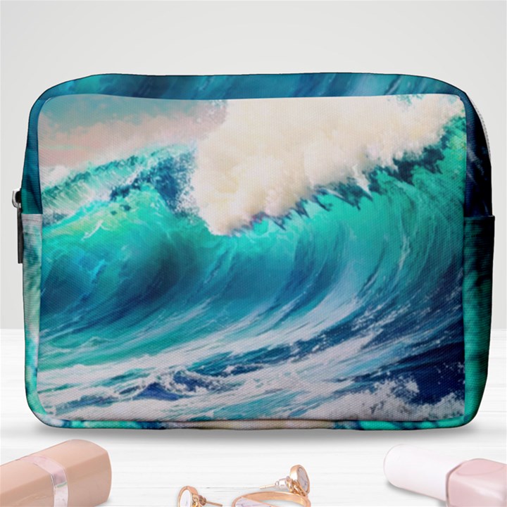 Tsunami Waves Ocean Sea Nautical Nature Water Art Ai Generated Make Up Pouch (Large)